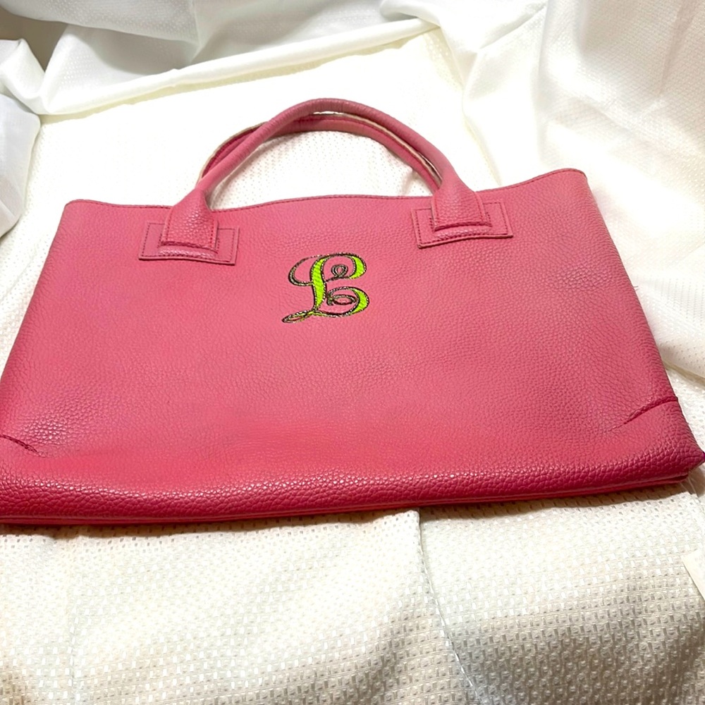 Pink Faux Leather Tote Monogram L Mainstreet Collection 12x 16 sku 3